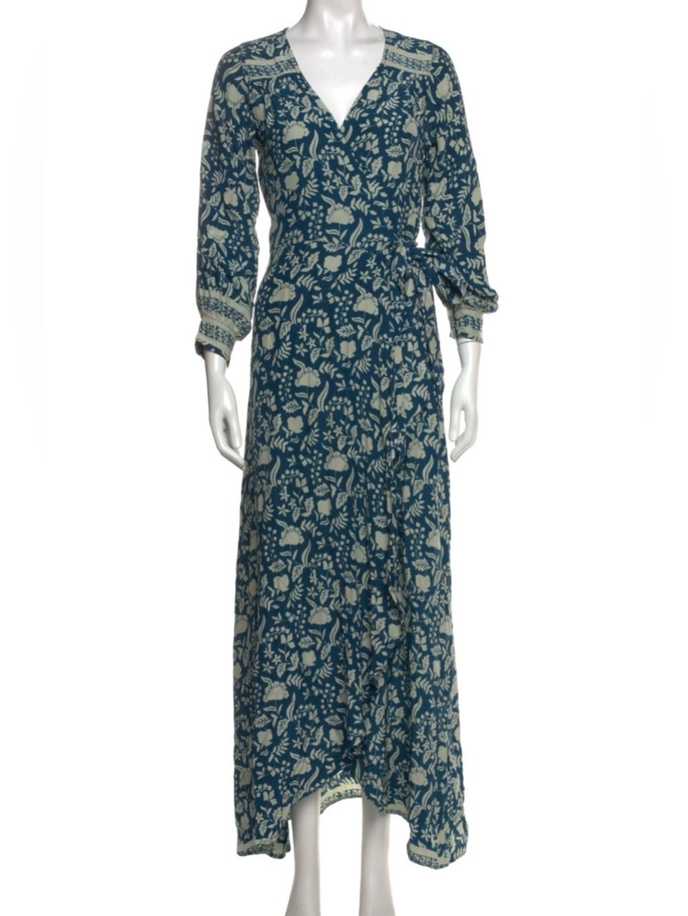 Natalie Martin 100% Silk Maxi Wrap Kate Dress Blue/Cream Floral Boho Luxury XS